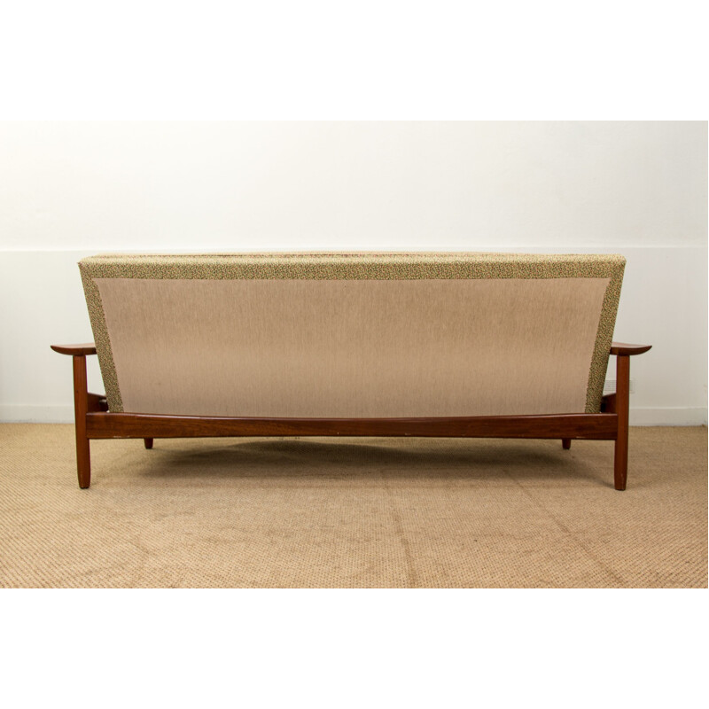 Grand Canapé Daybed vintage 4 places en teck massif et tissu par Gérard Guermonprez, Scandinave 1960