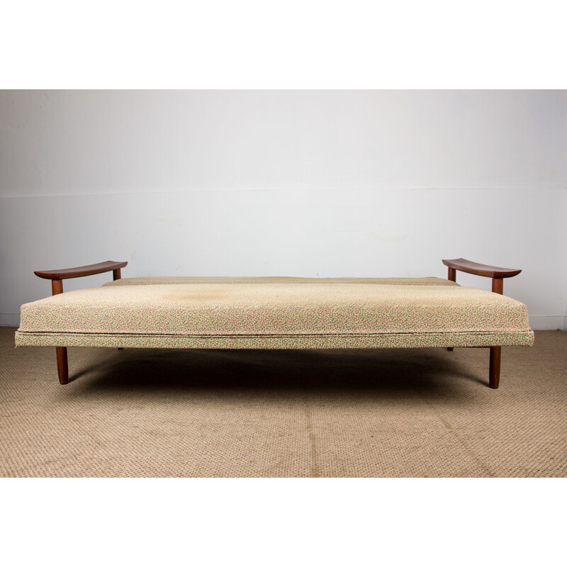 Large vintage 4 seater  Daybed sofa in solid teak and fabric by Gérard Guermonprez, Scandinavian 1960s