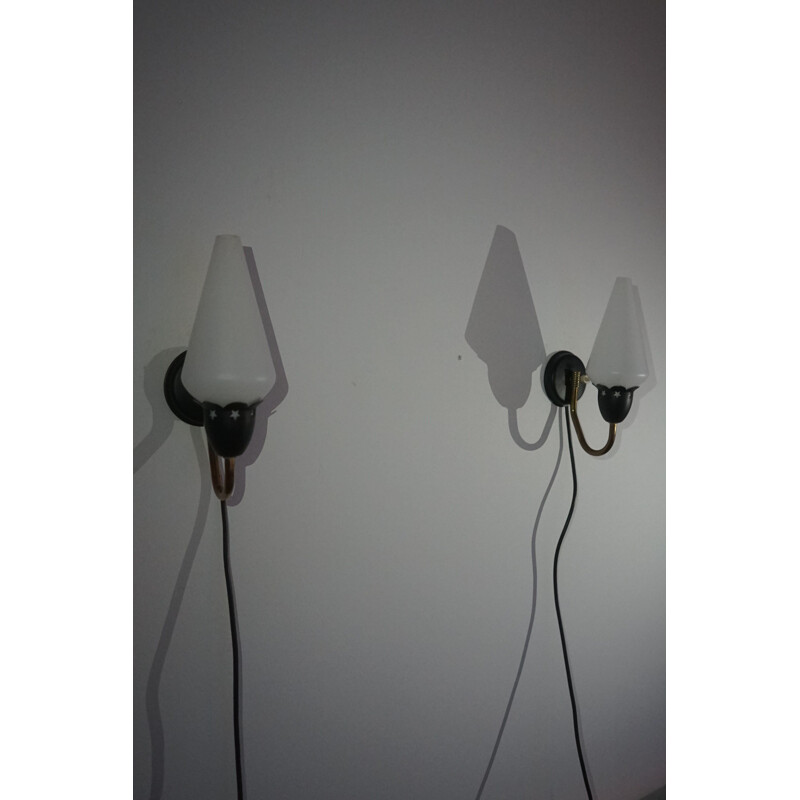 Vintage Brass and Black Steel Wall Lamps with Opal Glass Shades, Danish 1970s