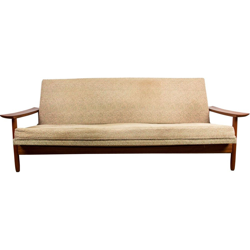 Large vintage 4 seater  Daybed sofa in solid teak and fabric by Gérard Guermonprez, Scandinavian 1960s