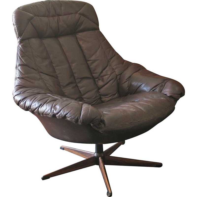 Vintage Lounge Chair in Dark Brown Leather and Rosewood by H W Klein for Bramin Swivel 1960s