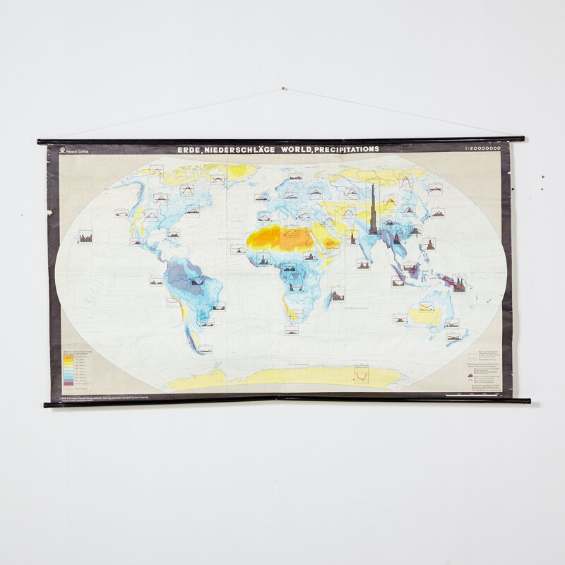 Vintage precipitation map of the Earth by Dr. Haack, Germany 1970