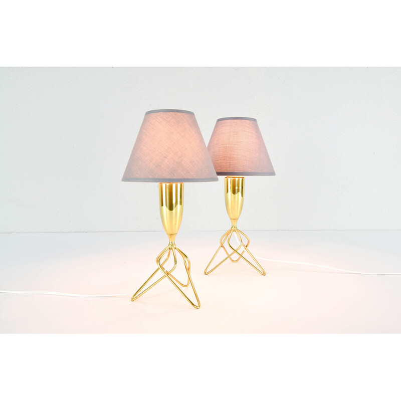 Pair of vintage brass tripod table lamps with grey shade, Denmark 1960