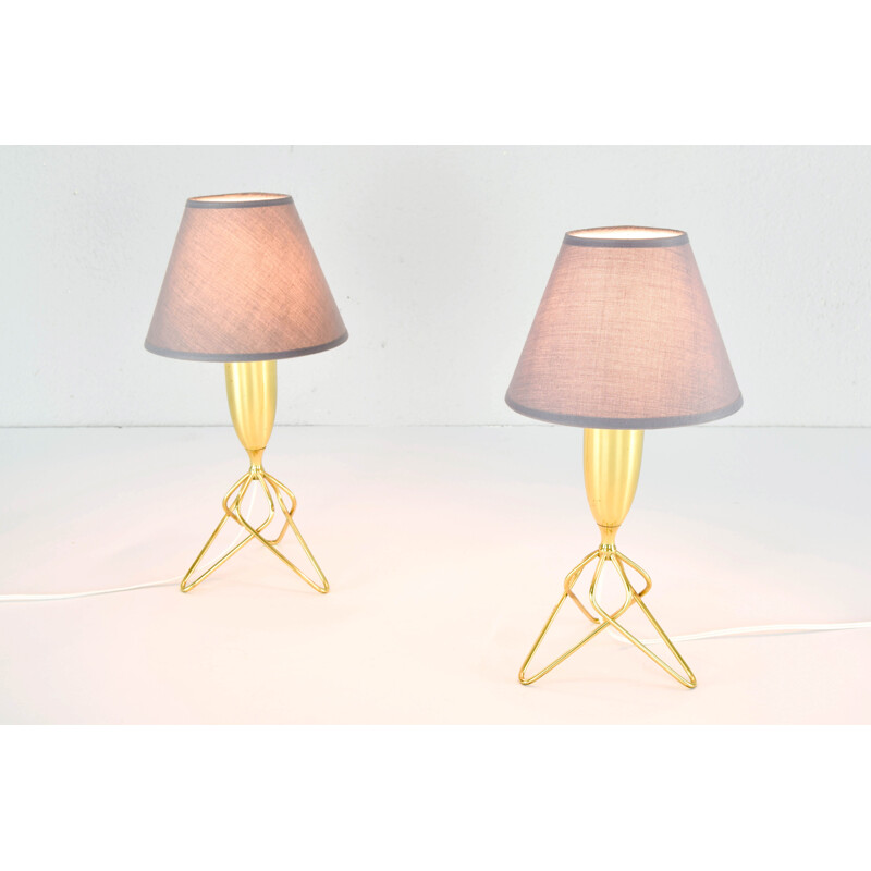 Pair of vintage brass tripod table lamps with grey shade, Denmark 1960