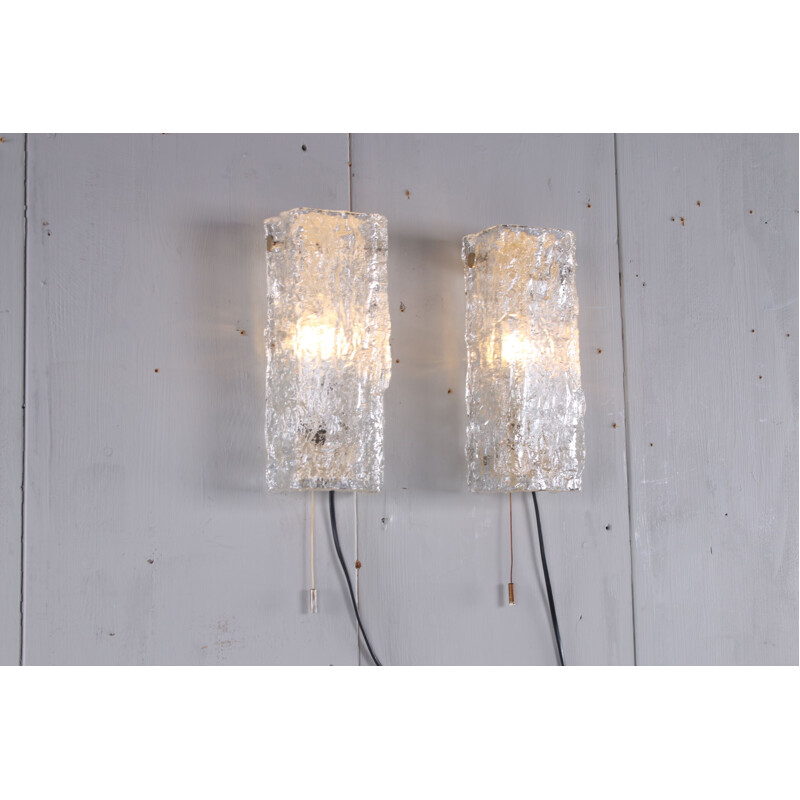 Pair of vintage Ice Glass Wall Lights by Kaiser Leuchten, German 1970s