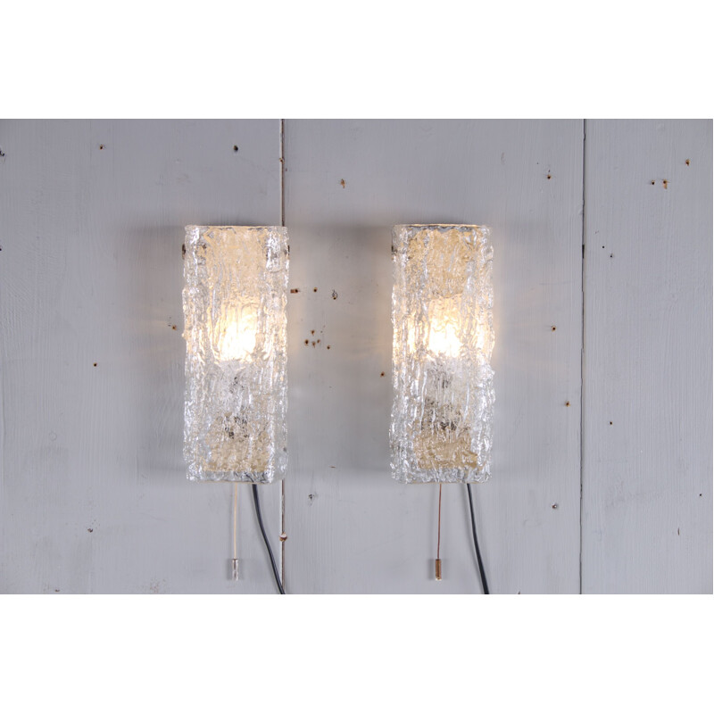 Pair of vintage Ice Glass Wall Lights by Kaiser Leuchten, German 1970s