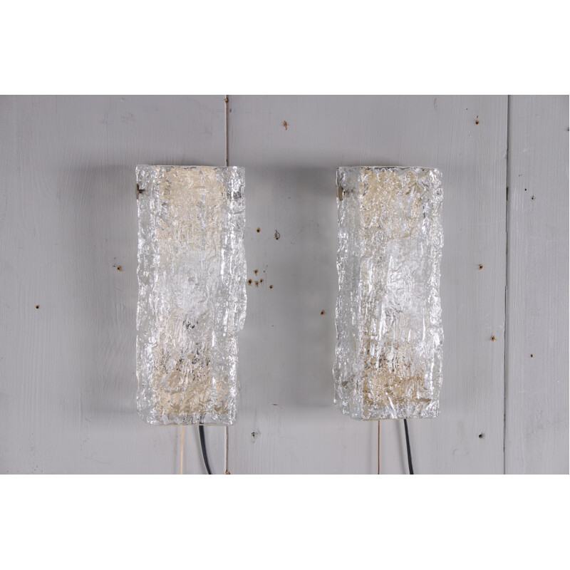 Pair of vintage Ice Glass Wall Lights by Kaiser Leuchten, German 1970s