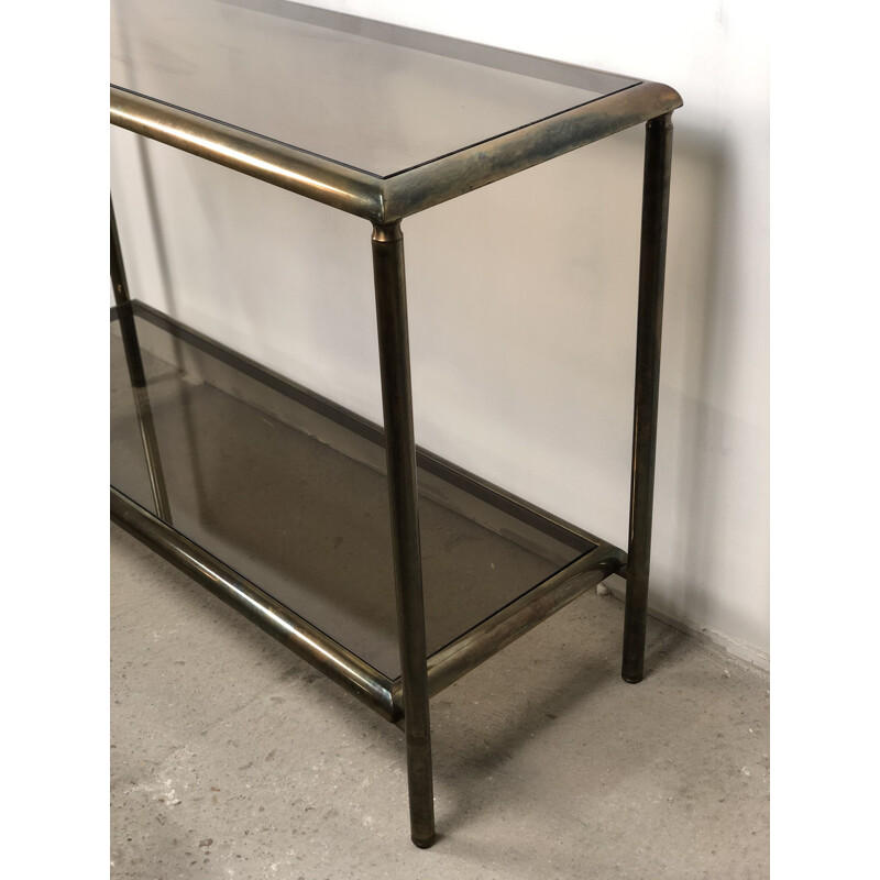 Vintage console in oxidized brass and smoked glass 1960s