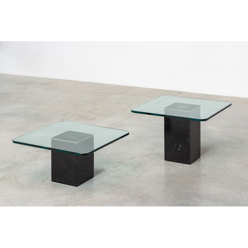 Pair of vintage Modernist square side tables with glass top, Italy 1970