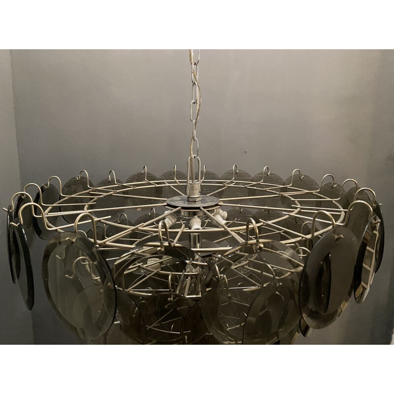 Large vintage Smoke Grey Glass Disc Chandelier 1970s