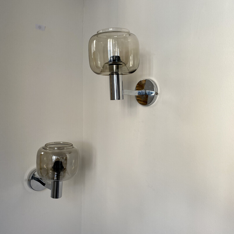 Pair of vintage chrome plated metal and glass sconces, Italy 1970s