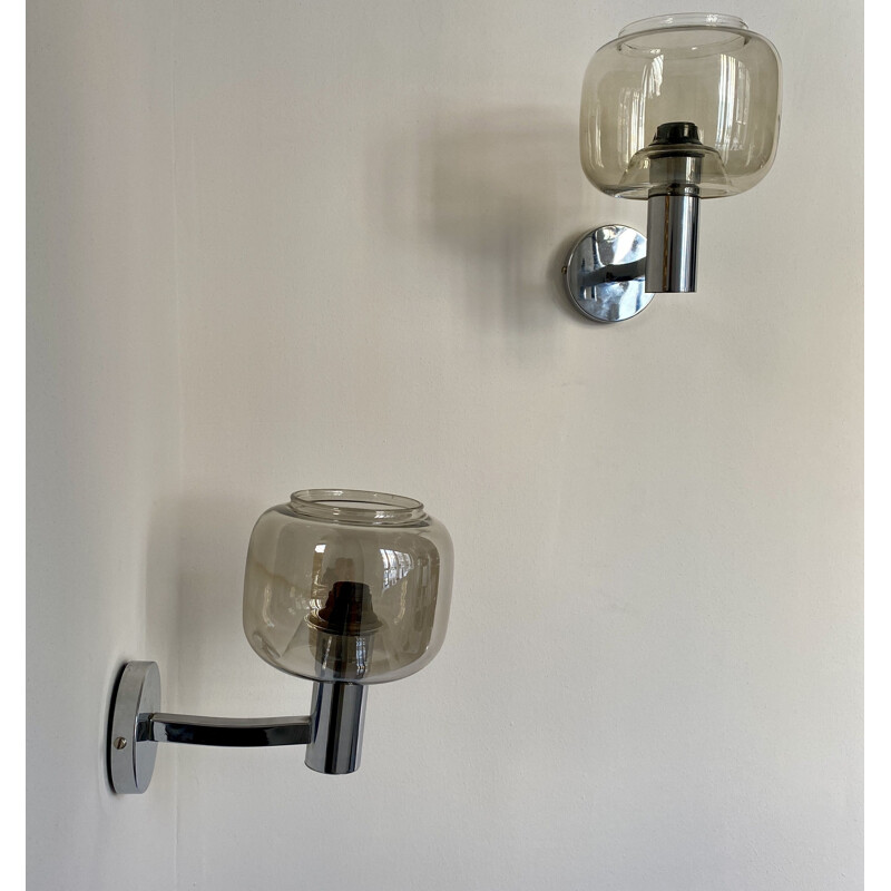 Pair of vintage chrome plated metal and glass sconces, Italy 1970s