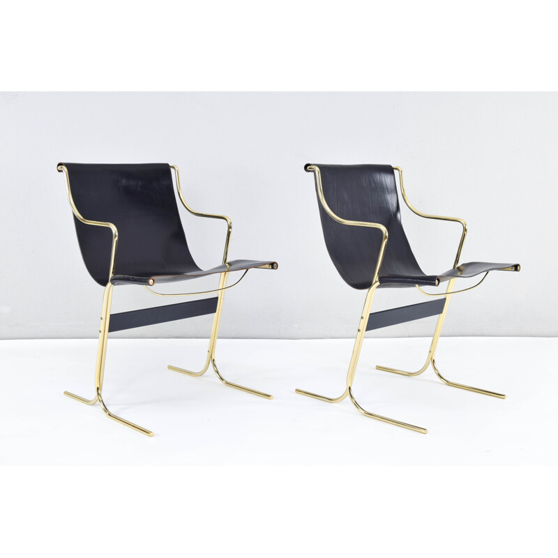 Pair of vintage Leather and Brass Cigno Chairs by Ross Littell and Kelly to Padova, Italy