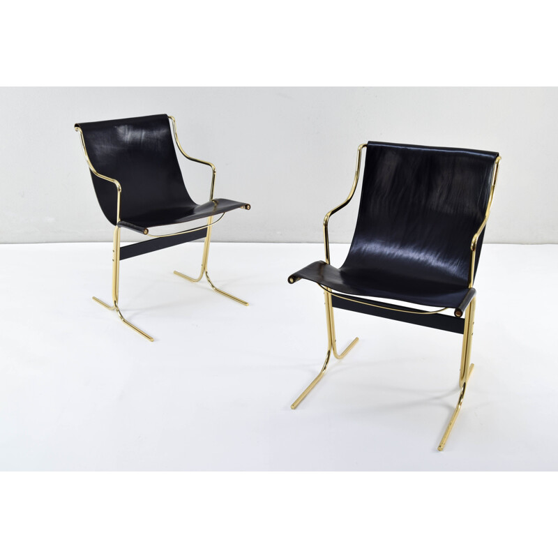 Pair of vintage Leather and Brass Cigno Chairs by Ross Littell and Kelly to Padova, Italy