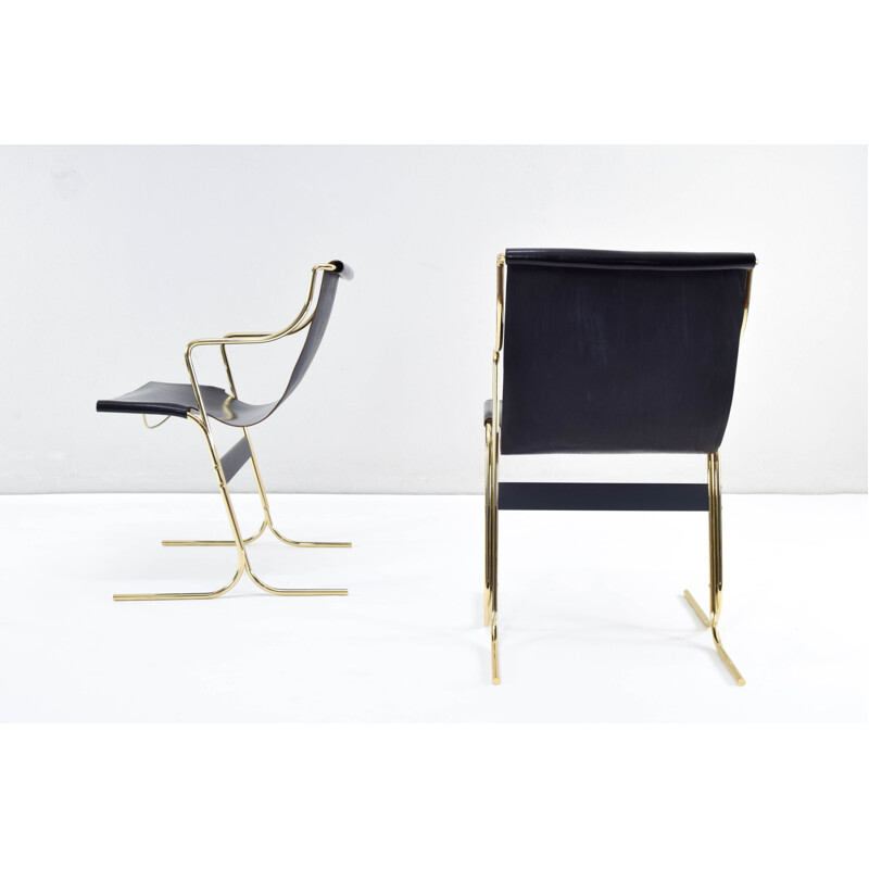 Pair of vintage Leather and Brass Cigno Chairs by Ross Littell and Kelly to Padova, Italy