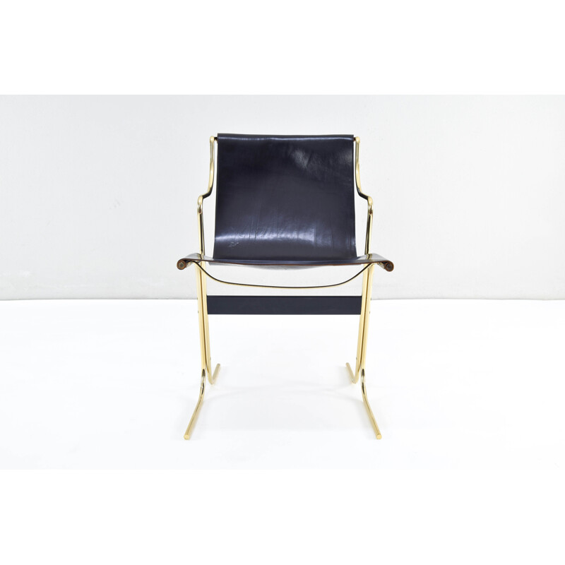 Pair of vintage Leather and Brass Cigno Chairs by Ross Littell and Kelly to Padova, Italy