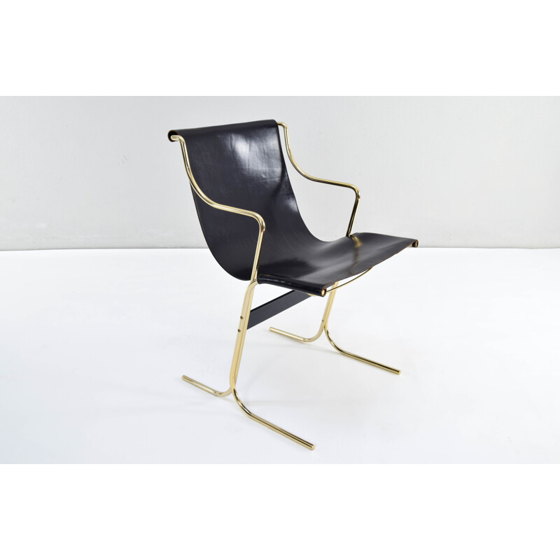 Pair of vintage Leather and Brass Cigno Chairs by Ross Littell and Kelly to Padova, Italy