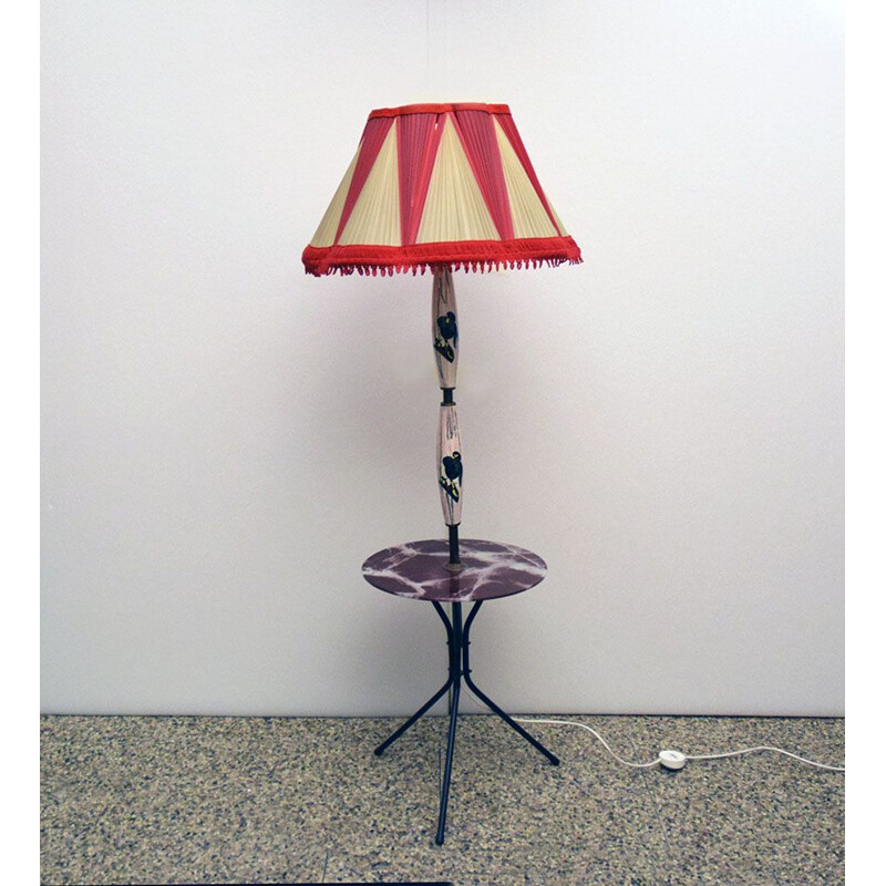 Lampadaire vintage en céramique avec table et abat-jour original, 1950