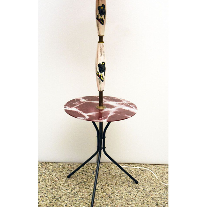 Vintage ceramic floor lamp with table and original shade, 1950