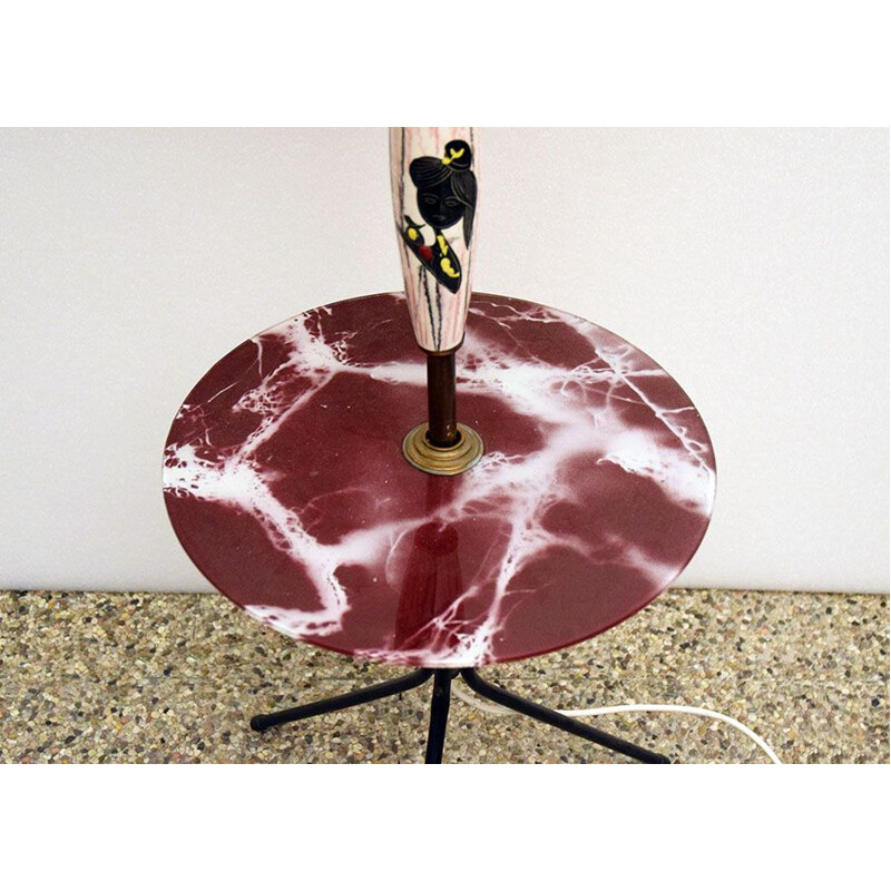Vintage ceramic floor lamp with table and original shade, 1950