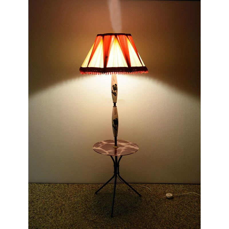 Vintage ceramic floor lamp with table and original shade, 1950