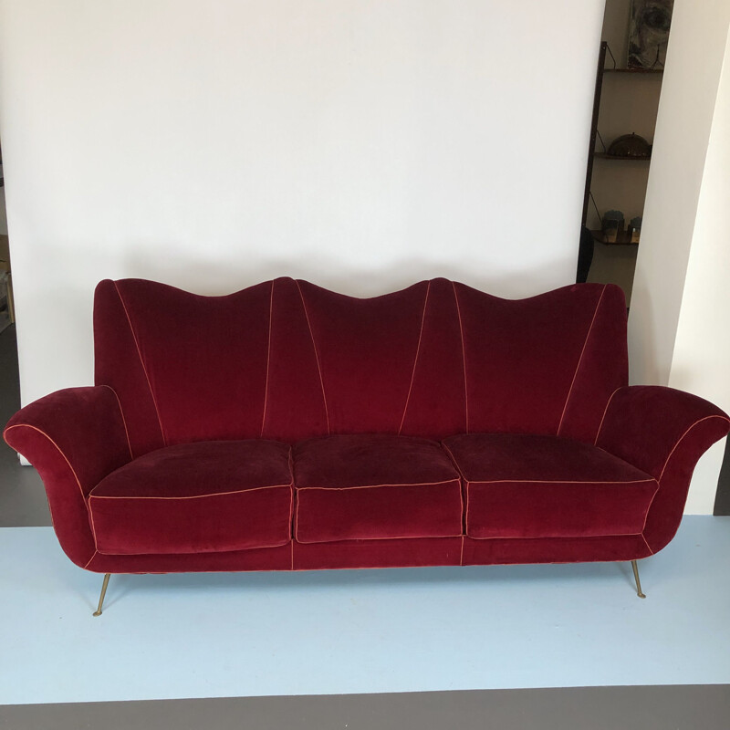 Canapé vintage en velours rouge Guglielmo Ulrich, italien 1950