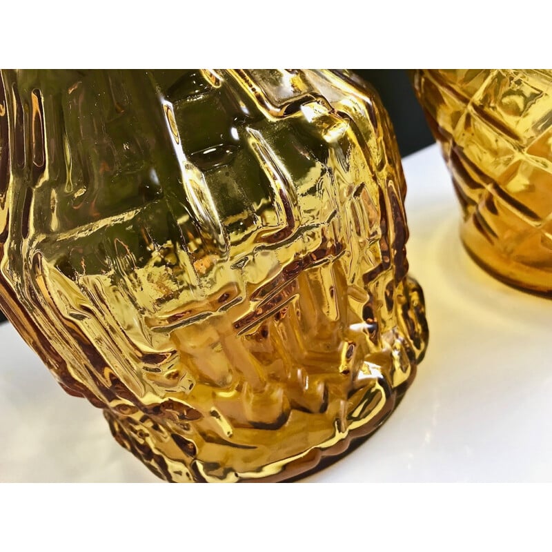 Pair of vintage glass decanters with honey, Italy