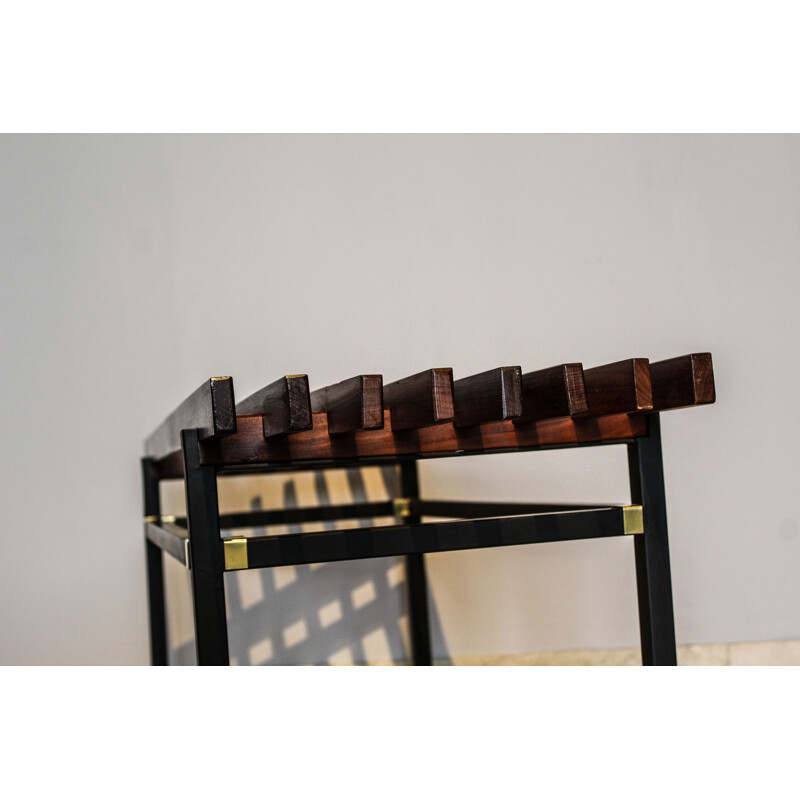 Vintage Bench with slats in solid rosewood and brass 1950s