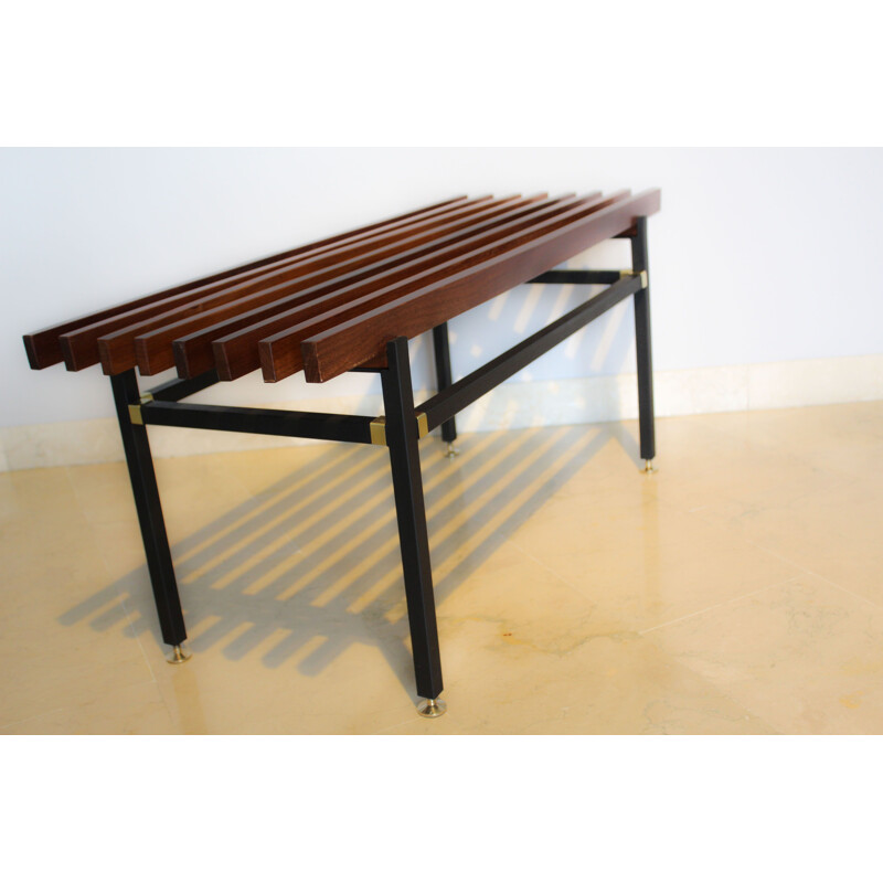 Vintage Bench with slats in solid rosewood and brass 1950s