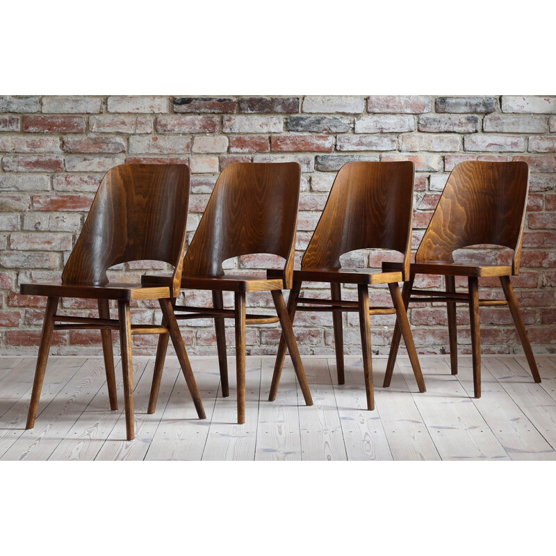 Set of 4 vintage beech veneer Dining Chairs Model 514 by Radomir Hofman for Ton