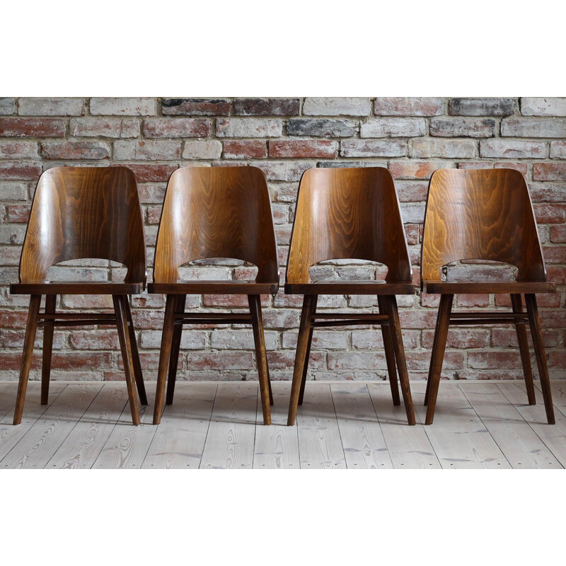 Set of 4 vintage beech veneer Dining Chairs Model 514 by Radomir Hofman for Ton