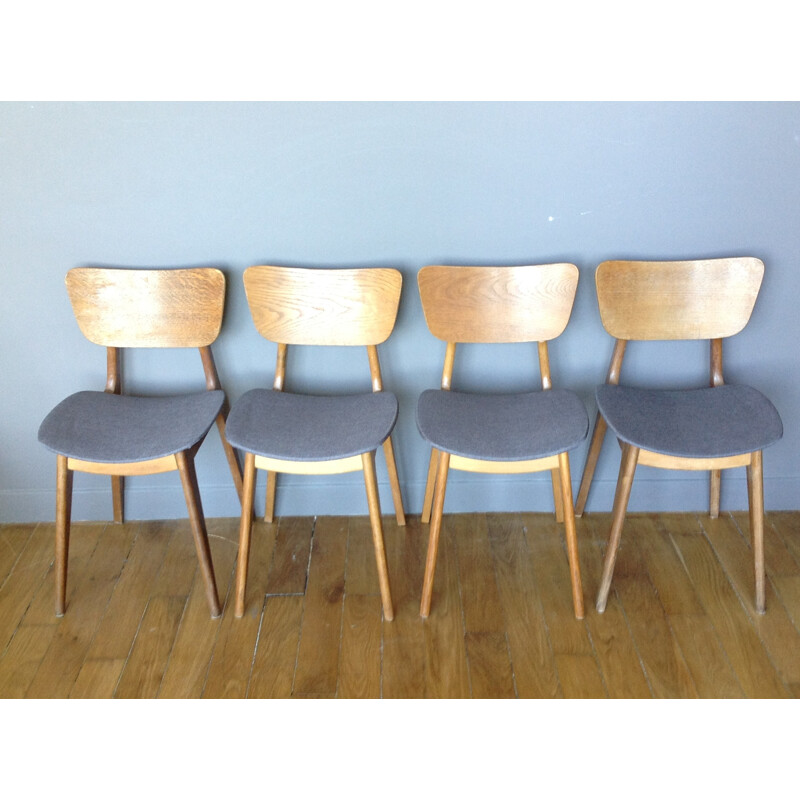 Set of 4 "6517" chairs in oak, Roger LANDAULT - 1950s