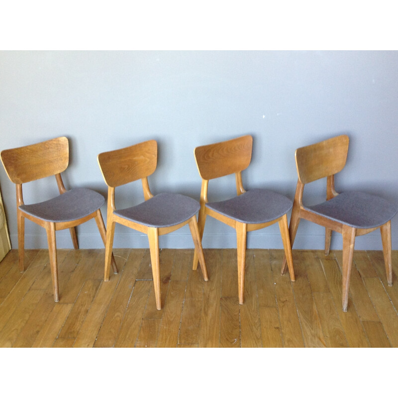 Set of 4 "6517" chairs in oak, Roger LANDAULT - 1950s