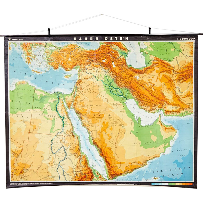 Mapa Vintage do Médio Oriente por VEB Hermann Haack, Alemanha 1970
