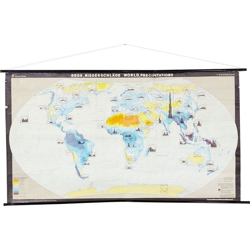 Vintage precipitation map of the Earth by Dr. Haack, Germany 1970