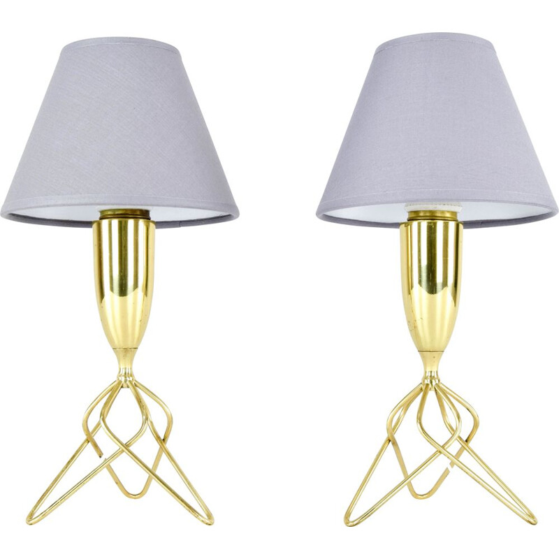 Pair of vintage brass tripod table lamps with grey shade, Denmark 1960