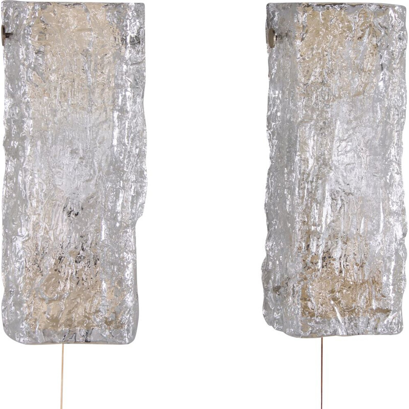 Pair of vintage Ice Glass Wall Lights by Kaiser Leuchten, German 1970s