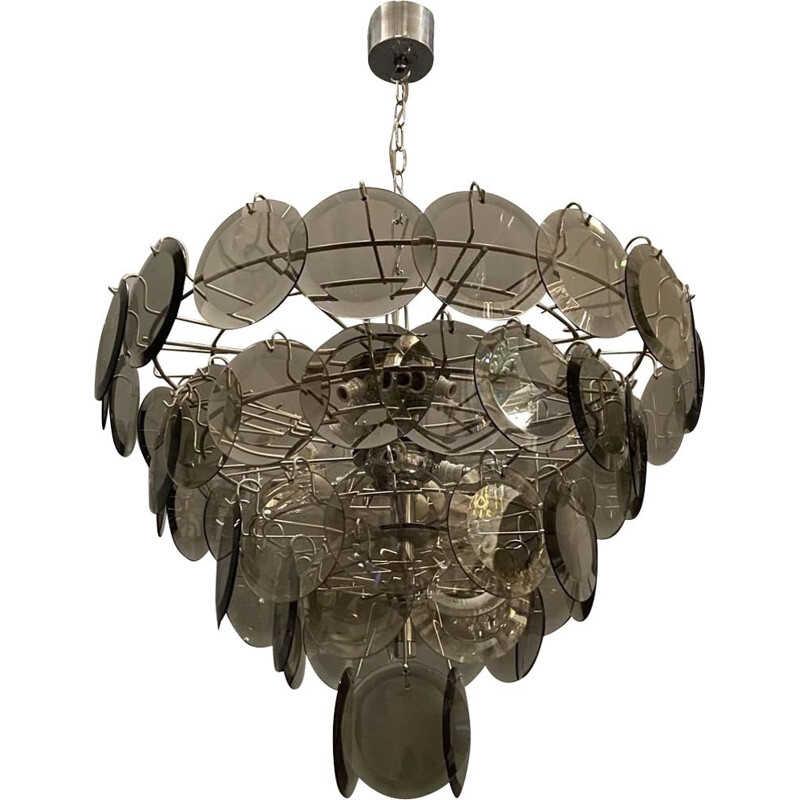 Large vintage Smoke Grey Glass Disc Chandelier 1970s