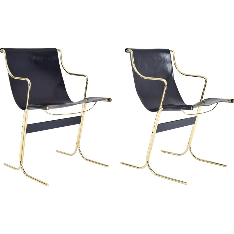 Pair of vintage Leather and Brass Cigno Chairs by Ross Littell and Kelly to Padova, Italy