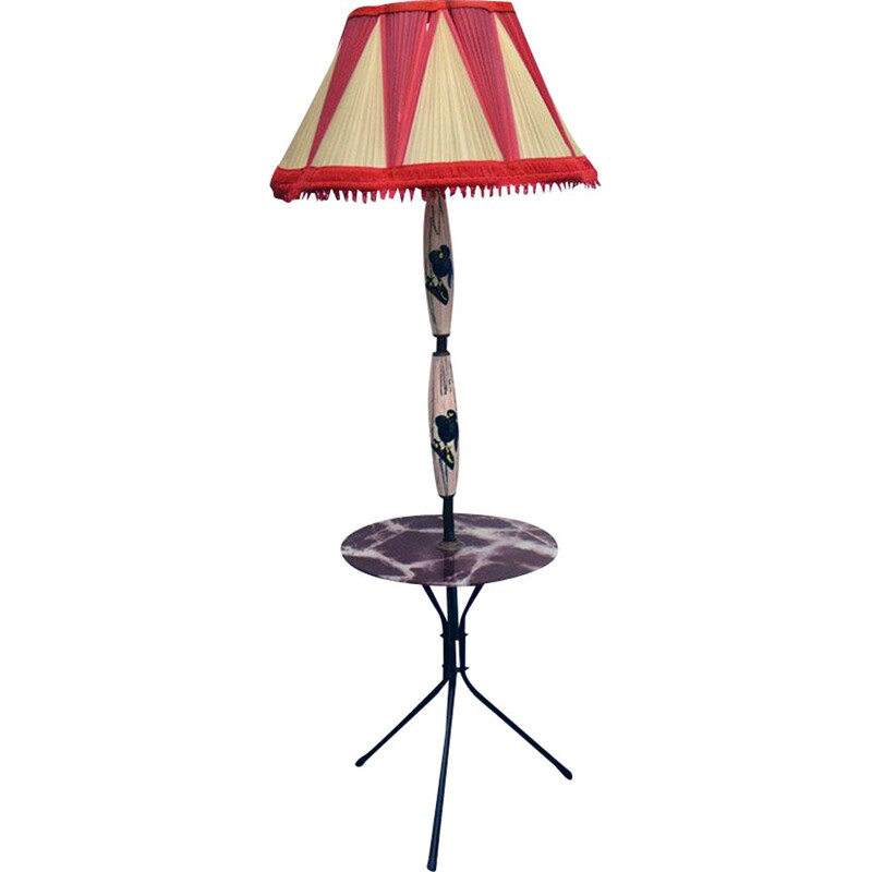 Vintage ceramic floor lamp with table and original shade, 1950