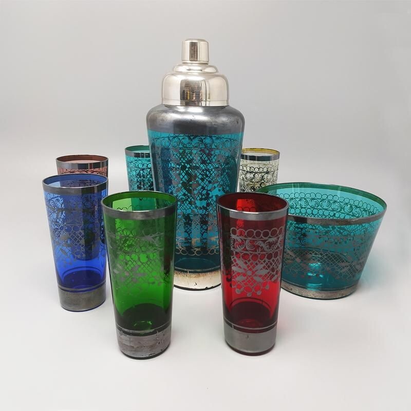Vintage Cocktail Shaker Set with 6 Glasses and Ice Bucket in Murano glass, Italy 1960s