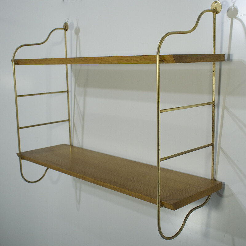 Vintage String shelf in rounded golden metal and oak shelves 1950s