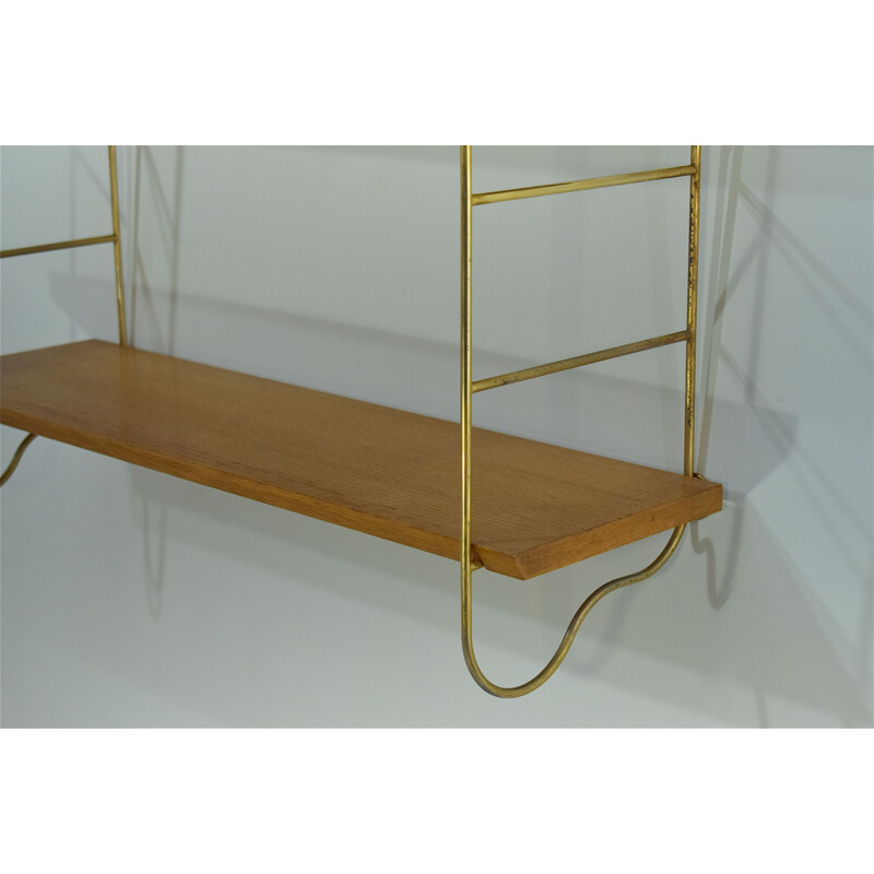 Vintage String shelf in rounded golden metal and oak shelves 1950s