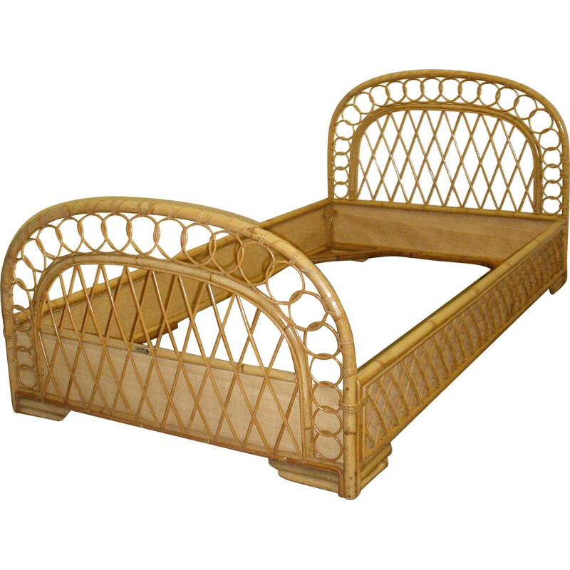 Mid century modern bed in rattan and metal - 1950s