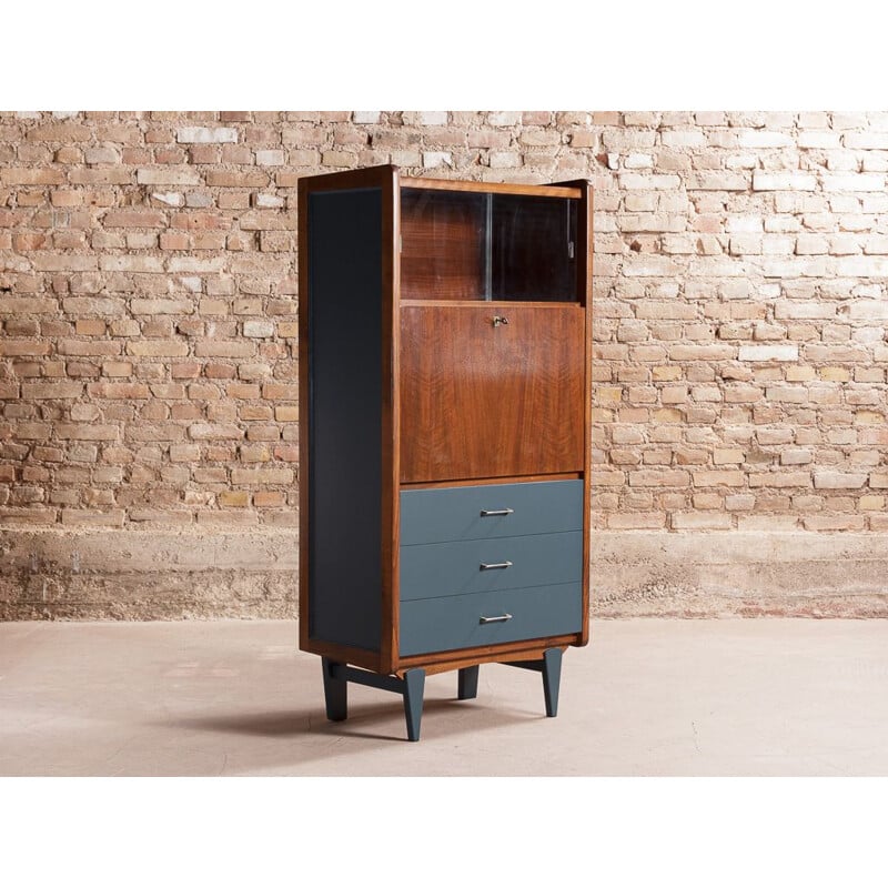 Vintage solid beech wood secretary with glass cabinet in midnight blue, Scandinavian