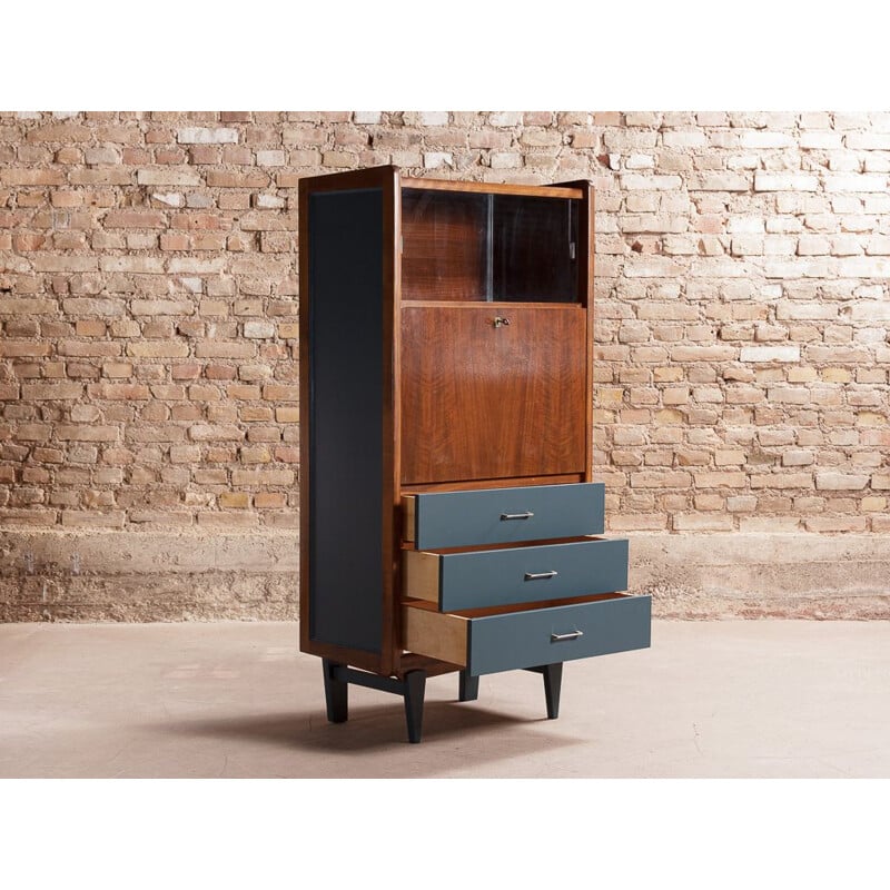 Vintage solid beech wood secretary with glass cabinet in midnight blue, Scandinavian