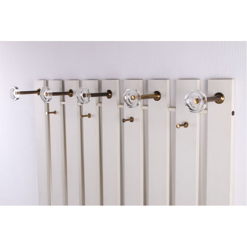 Vintage White wall coat rack with brass with glass hooks 1960s