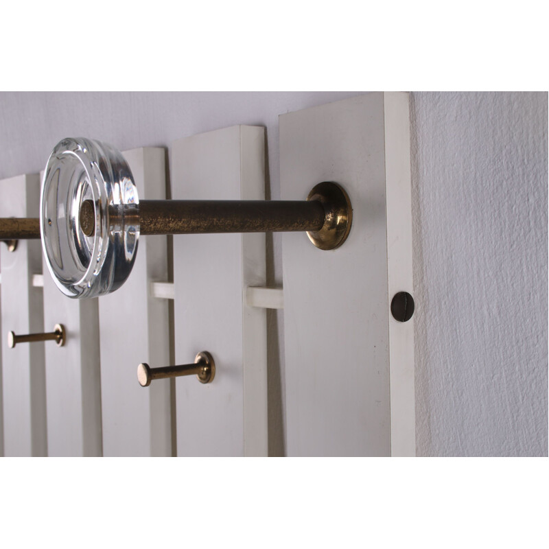 Vintage White wall coat rack with brass with glass hooks 1960s