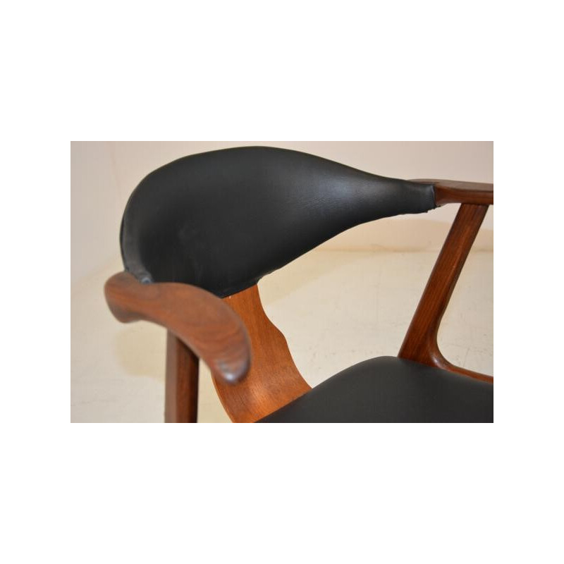 Pair of AWA "Cow Horn" armchairs in black leatherette and teak, Louis VAN TEEFFELEN - 1950s
