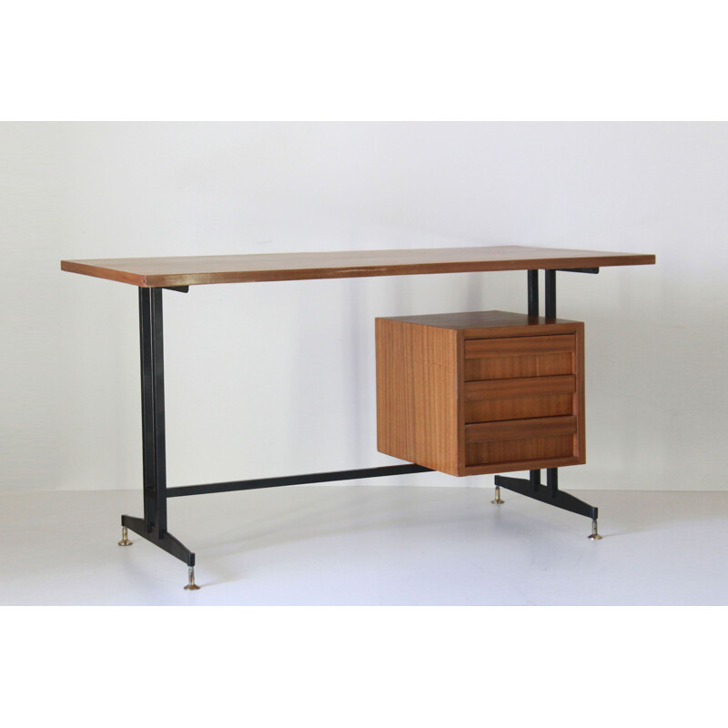 Bureau vintage en bois et laiton, Scandinave 1950